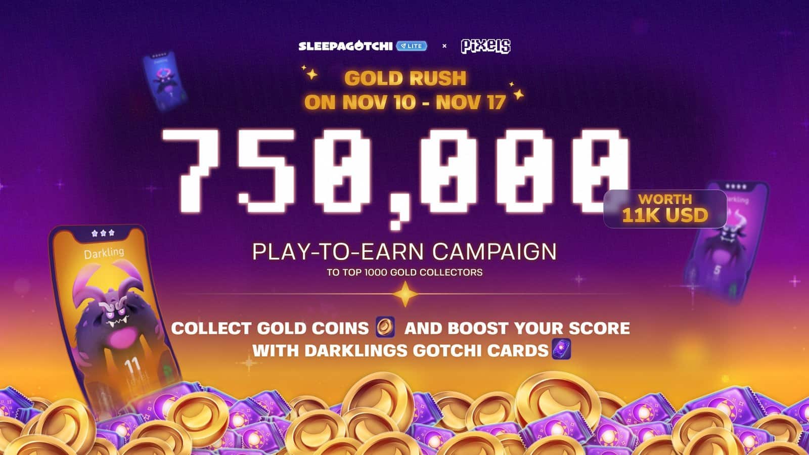 Sleepagotchi Lite's Gold Rush Event Offers a Chance to Win 750K $PIXEL Prizes!