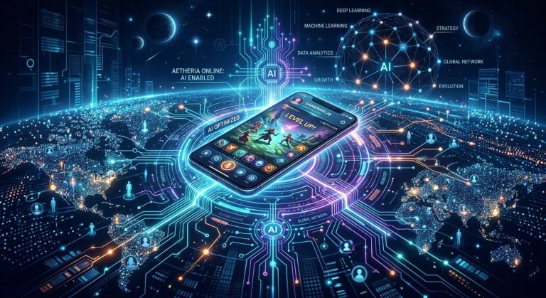 Smartphone displaying an AI-optimized mobile game over a digital world map with AI and machine learning labels