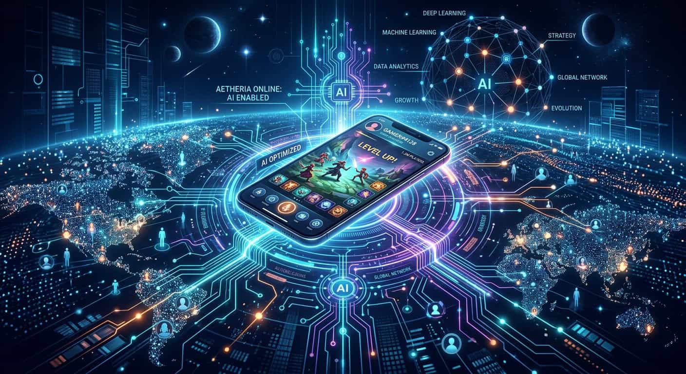 Smartphone displaying an AI-optimized mobile game over a digital world map with AI and machine learning labels