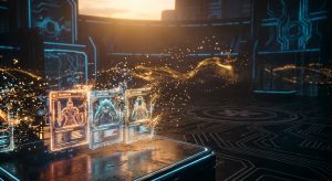 Glowing holographic cards for Warrior, Creature, and Explorer in a futuristic digital environment