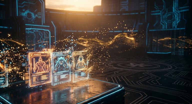 Glowing holographic cards for Warrior, Creature, and Explorer in a futuristic digital environment