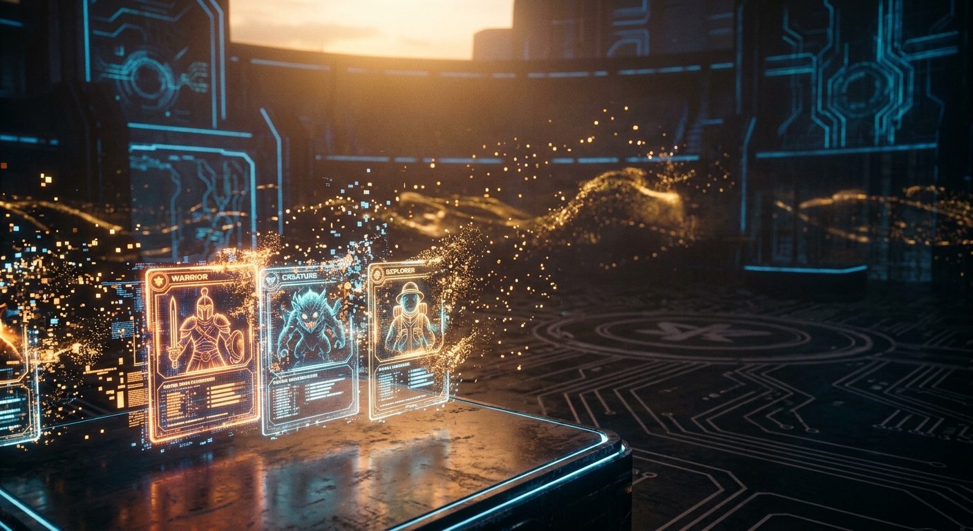 Glowing holographic cards for Warrior, Creature, and Explorer in a futuristic digital environment
