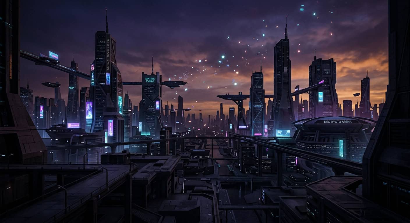 Futuristic cyberpunk cityscape at night with neon-lit skyscrapers, flying vehicles, and a glowing sky