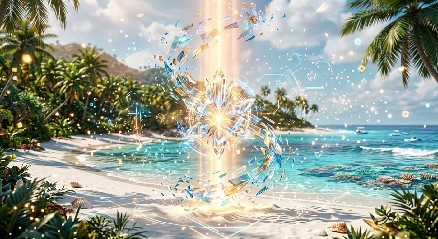 A glowing crystalline star floats above a tropical beach, surrounded by swirling shards and digital light patterns