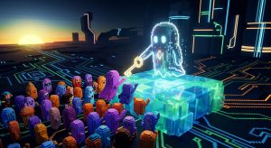 A large glowing pixel ghost holds a golden key above a crowd of colorful voxel characters in a futuristic digital city