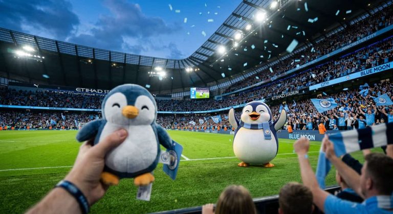 A fan holds a penguin plush toy at Etihad Stadium with a penguin mascot on the pitch and blue confetti falling