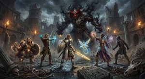 Five fantasy adventurers face a giant, shadowy demon with glowing red eyes in a ruined arena