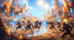 Fantasy heroes defend against an army in a crystal desert, protected by a magical barrier of glowing cards