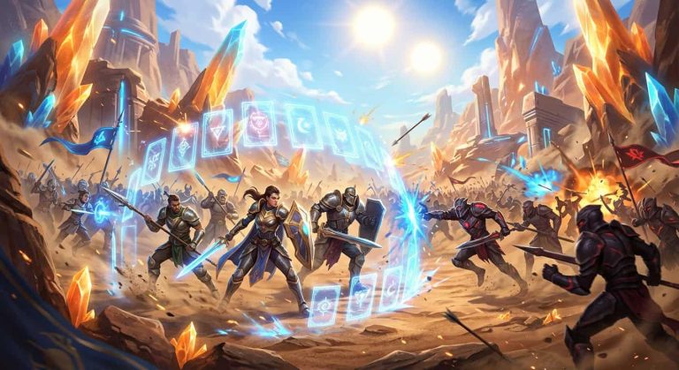 Fantasy heroes defend against an army in a crystal desert, protected by a magical barrier of glowing cards