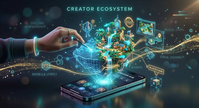 Illustration of a mobile-first creator ecosystem showing digital world-building with blockchain and secure ownership