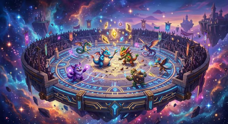 Fantasy creatures battle in a floating arena with glowing runes, surrounded by spectators in a cosmic nebula