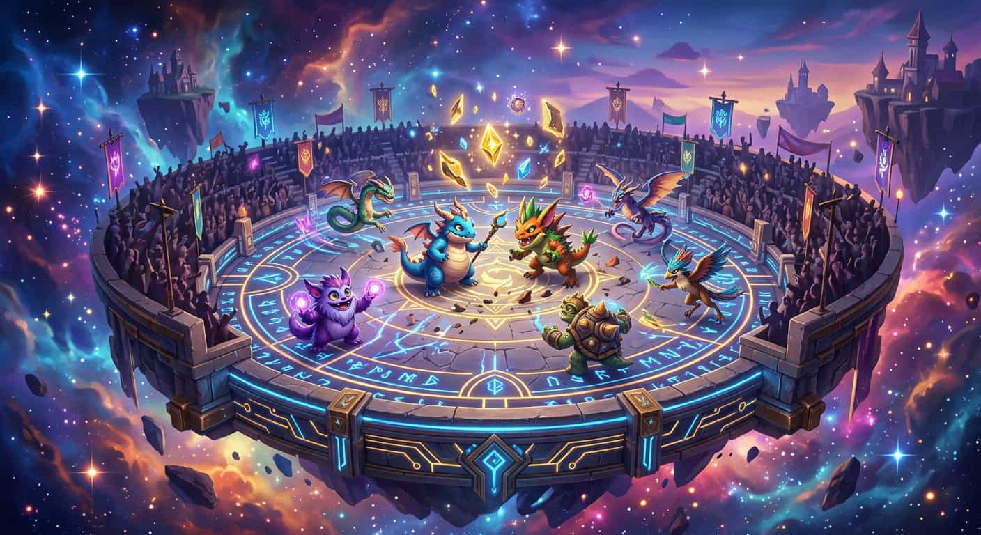 Fantasy creatures battle in a floating arena with glowing runes, surrounded by spectators in a cosmic nebula