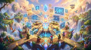 Fantasy characters on a floating platform interact with magical holograms and scrolls around a central glowing crystal