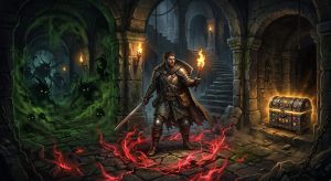 A warrior with a torch and sword stands in a dungeon, flanked by shadowy green monsters and a glowing treasure chest