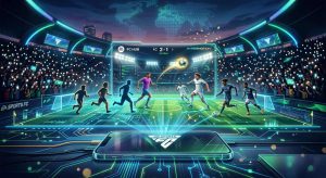 A smartphone projecting a holographic EA Sports FC soccer match with HyperMotion technology in a futuristic stadium
