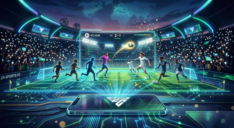 A smartphone projecting a holographic EA Sports FC soccer match with HyperMotion technology in a futuristic stadium