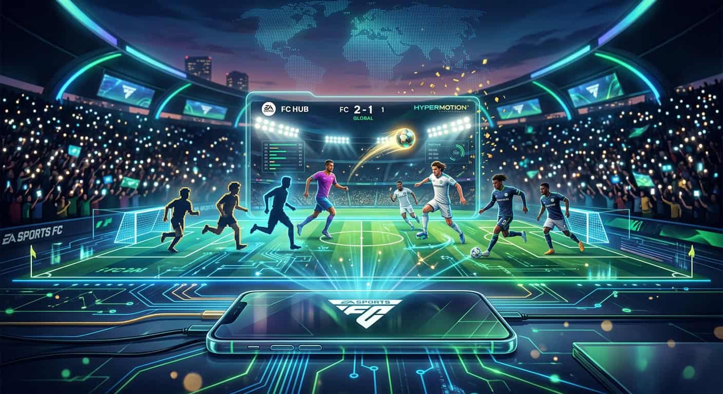 A smartphone projecting a holographic EA Sports FC soccer match with HyperMotion technology in a futuristic stadium