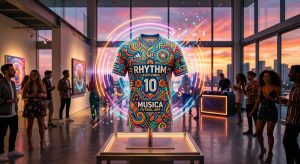 Colorful soccer jersey with Rhythm Latin Vibes FC 10 Musica Futbol Art text displayed in a modern gallery