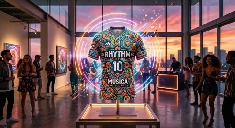 Colorful soccer jersey with Rhythm Latin Vibes FC 10 Musica Futbol Art text displayed in a modern gallery