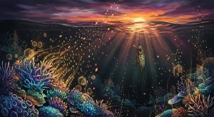 A fishing lure hangs underwater near a coral reef as binary code flows through the water like a school of fish