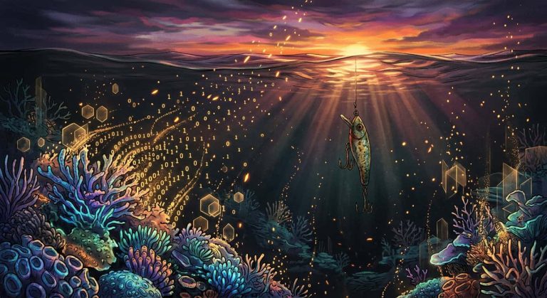A fishing lure hangs underwater near a coral reef as binary code flows through the water like a school of fish