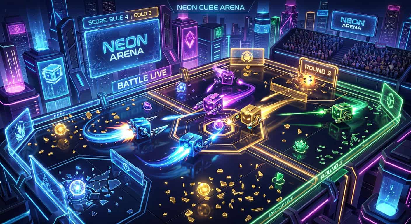 Cube-shaped robots battle with lasers in a futuristic, neon-lit arena set against a cyberpunk city skyline