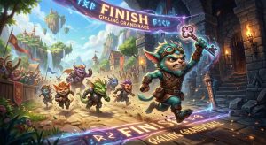 A blue-furred creature with goggles crosses the finish line of the Gigling Grand Race, holding up a large key