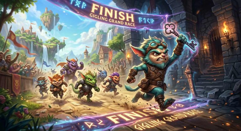 A blue-furred creature with goggles crosses the finish line of the Gigling Grand Race, holding up a large key