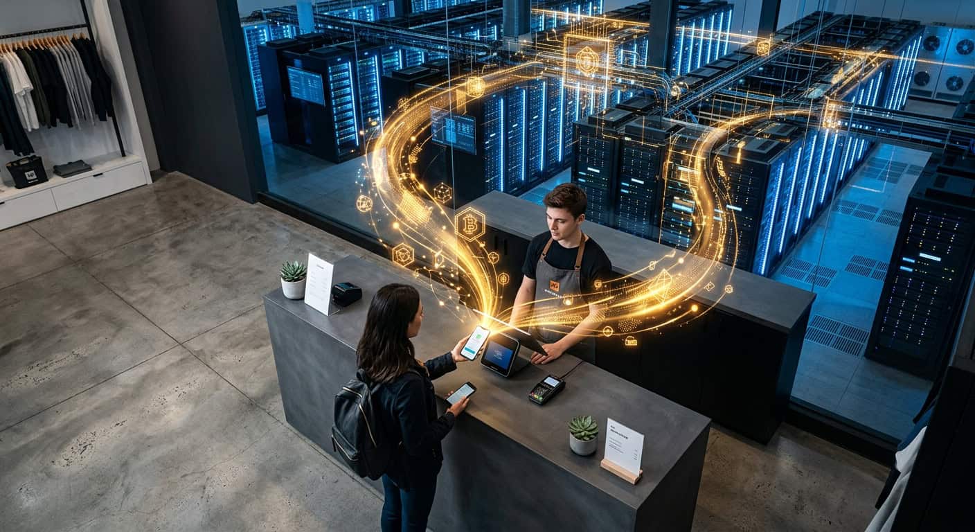 A customer pays via smartphone at a retail counter, with glowing data lines connecting to a background server room