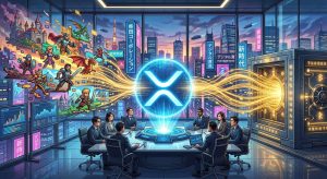 Business professionals in a futuristic office observe a glowing XRP logo connecting pixel art gaming characters to a high-tech vault