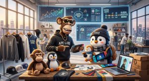 A monkey and penguin in a studio with branded apparel, gaming devices, and screens showing global community and brand data