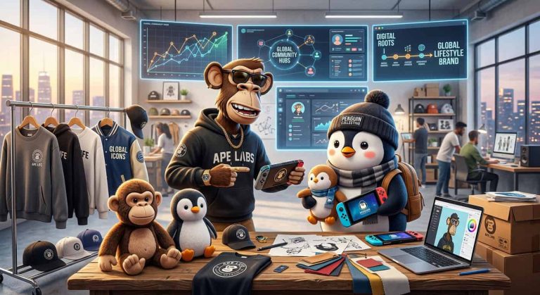 A monkey and penguin in a studio with branded apparel, gaming devices, and screens showing global community and brand data