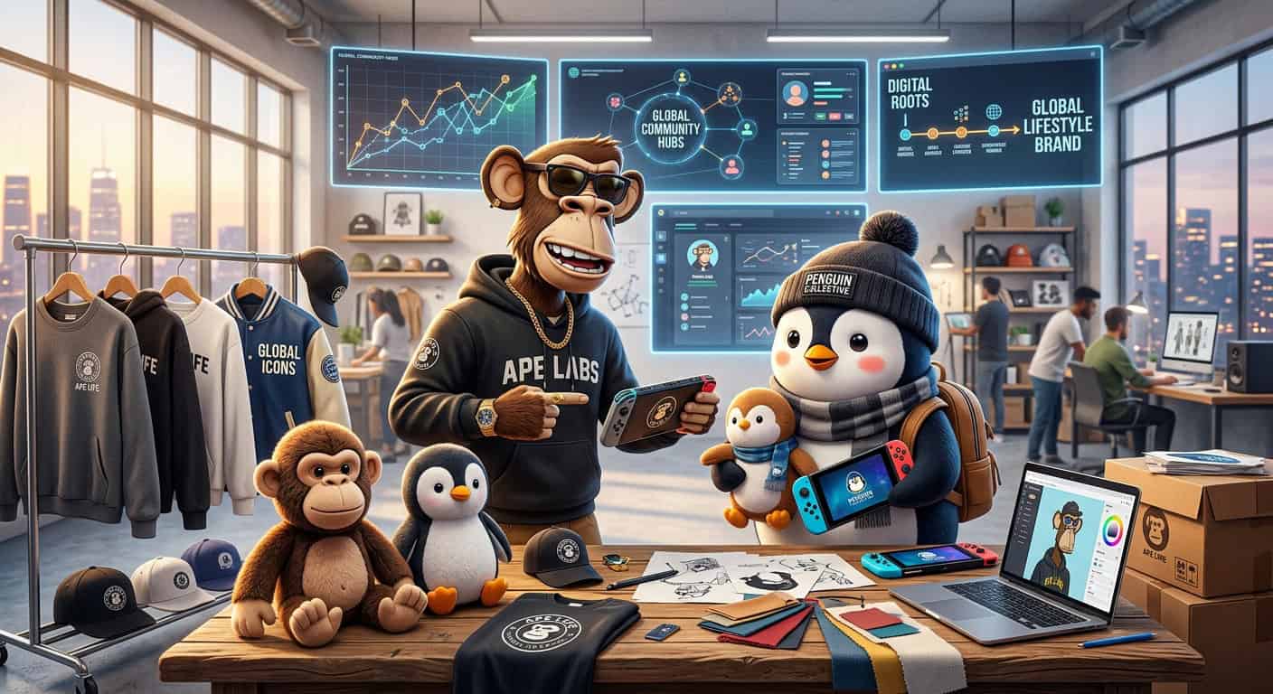 A monkey and penguin in a studio with branded apparel, gaming devices, and screens showing global community and brand data