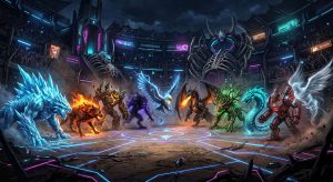 Ten diverse elemental monsters, including a fire dragon and ice wolf, stand in a glowing futuristic arena