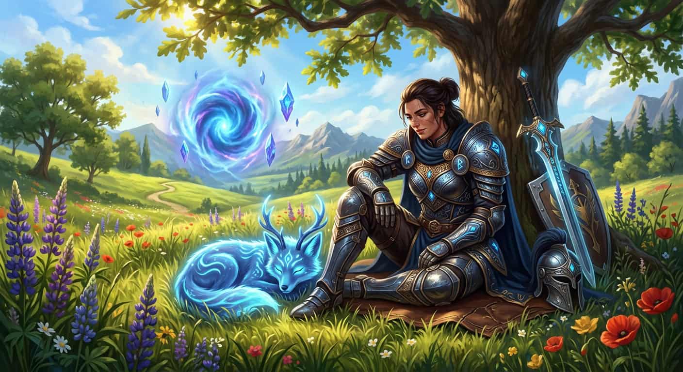 A female warrior in ornate armor rests under a tree with a glowing spirit fox in a sunny meadow near a magical portal