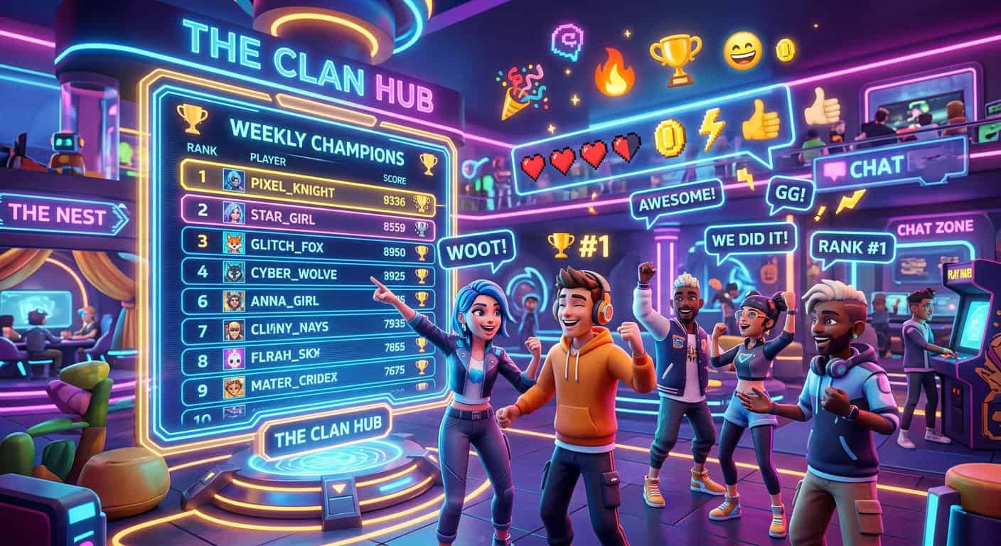 Diverse avatars celebrating in a neon-lit gaming hub in front of a Weekly Champions leaderboard