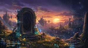 Stone portal in a fantasy landscape of floating islands and ruins, overlaid with glowing digital code