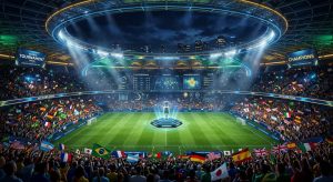 Futuristic soccer stadium at night during a global tournament final with holographic stats and fans waving flags