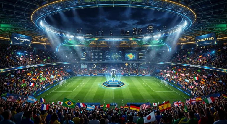 Futuristic soccer stadium at night during a global tournament final with holographic stats and fans waving flags