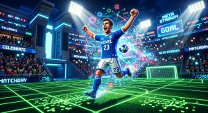 A voxel soccer player celebrates a goal in a futuristic digital stadium with glowing green grids and binary code