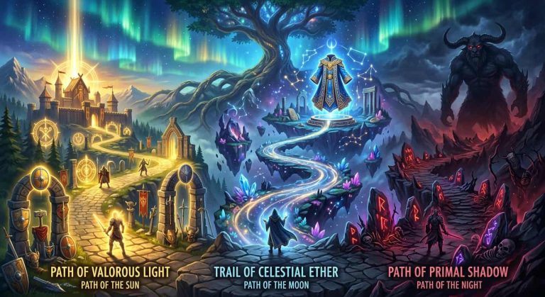 Three fantasy paths: Path of Valorous Light (Sun), Trail of Celestial Ether (Moon), and Path of Primal Shadow (Night)