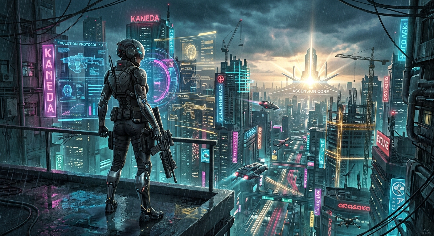A futuristic soldier in tactical armor overlooks a rainy, neon-lit cyberpunk city with flying vehicles and holograms