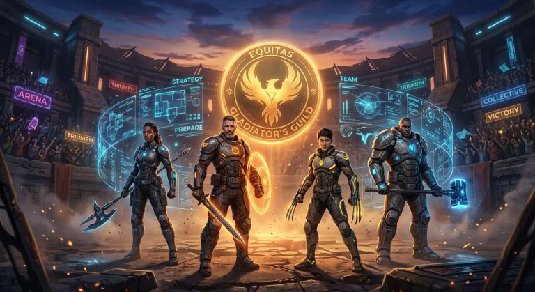Four futuristic gladiators stand in an arena before a glowing Equitas Gladiator's Guild phoenix emblem