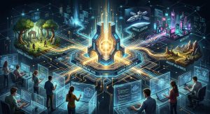 Developers at workstations connect to a central hub linked to game worlds like Neon City and Forgotten Realm