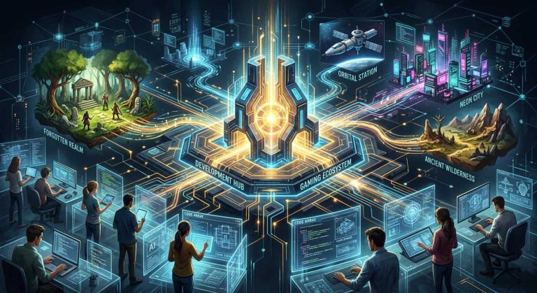 Developers at workstations connect to a central hub linked to game worlds like Neon City and Forgotten Realm