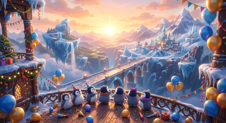 Six penguins in party hats on a festive balcony overlook a magical winter kingdom with a castle and floating islands