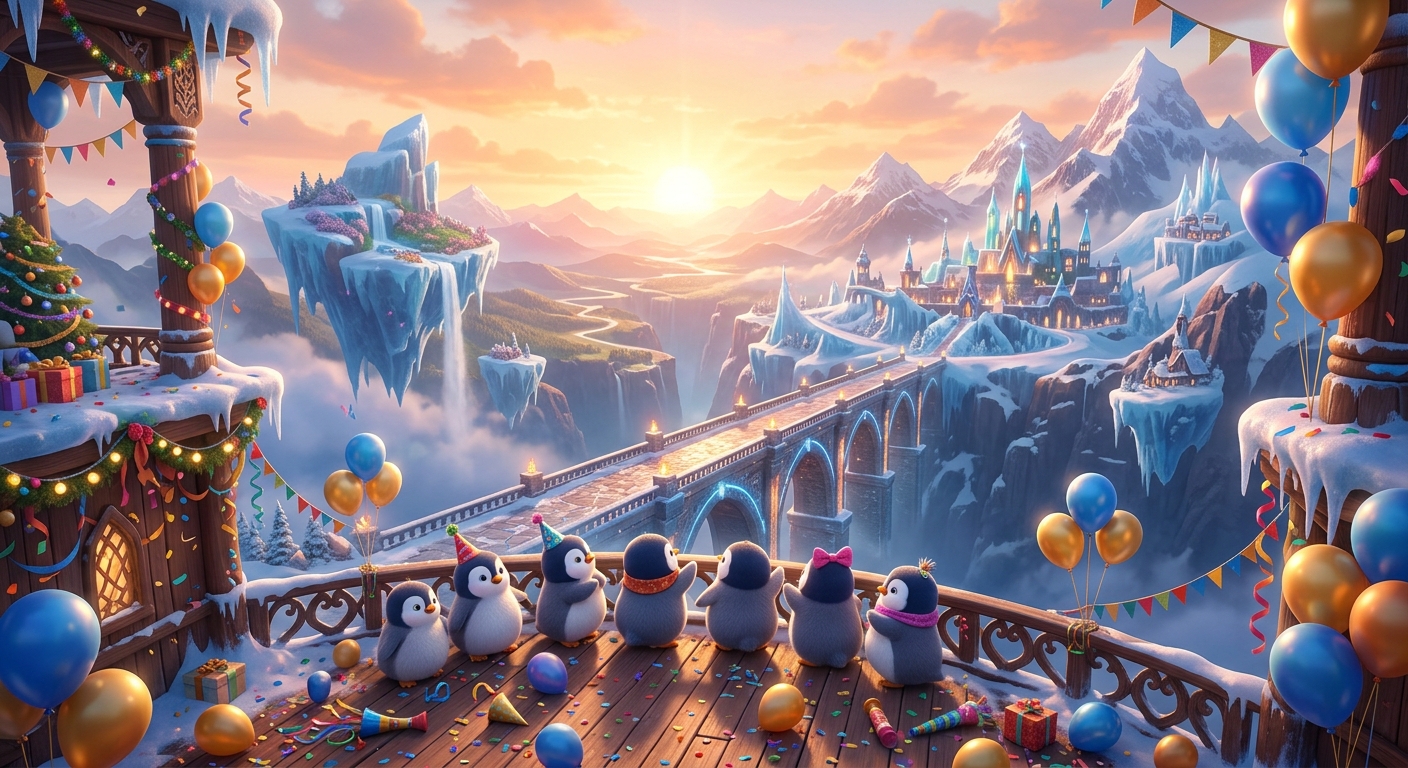 Six penguins in party hats on a festive balcony overlook a magical winter kingdom with a castle and floating islands