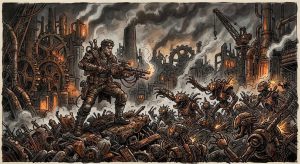A steampunk warrior with a large gun fights a horde of skeletal robots in a smoky industrial wasteland