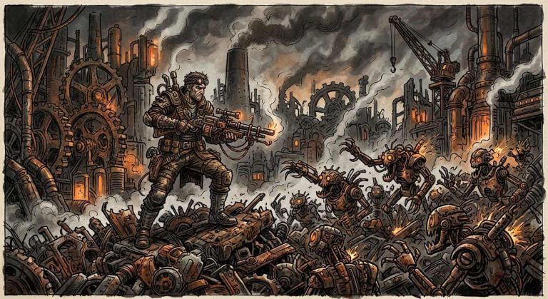A steampunk warrior with a large gun fights a horde of skeletal robots in a smoky industrial wasteland