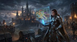 A female commander in runic armor on a castle wall, projecting a holographic tactical map of a siege
